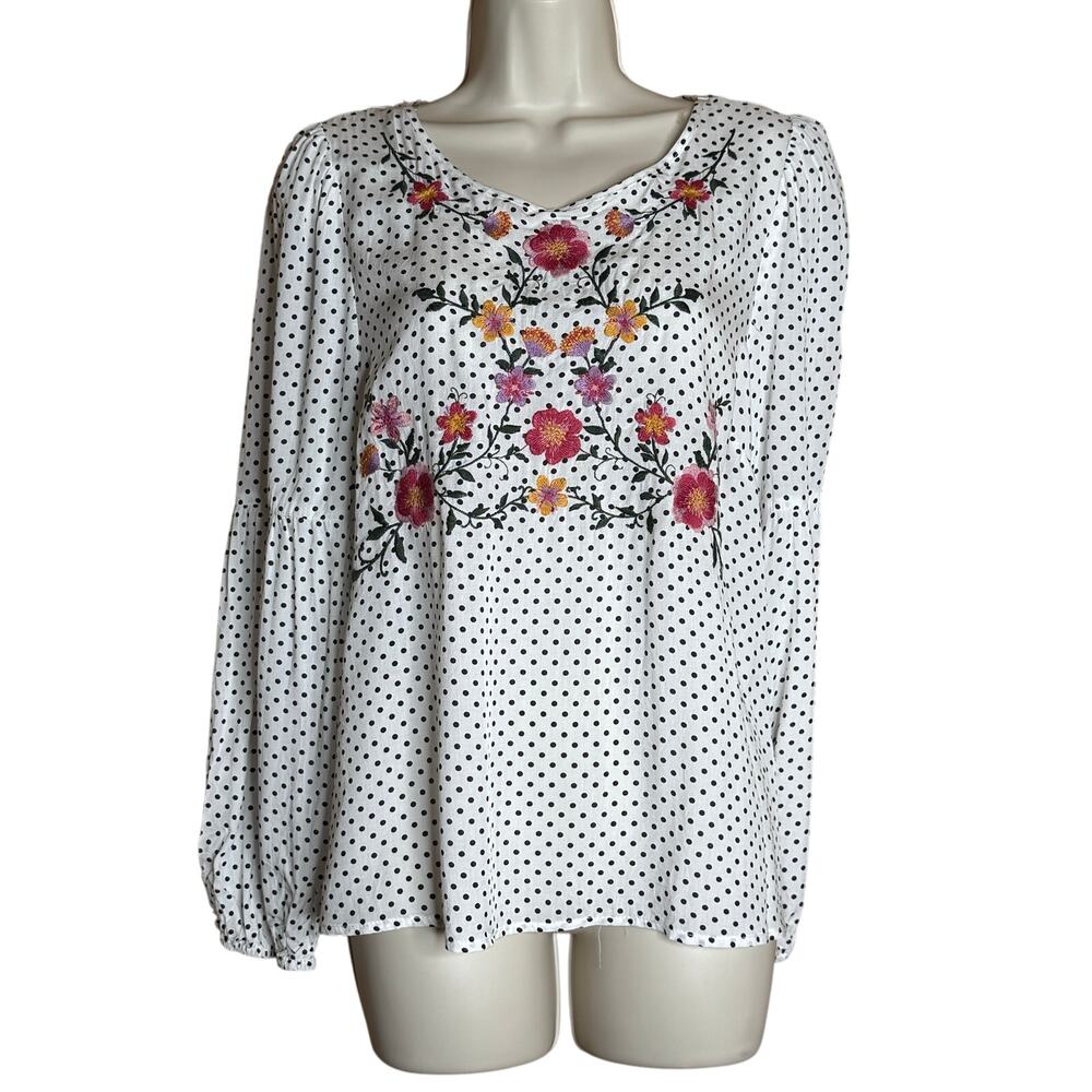 Unique Vintage Savanna Jane White Embroidered Polka Dot Blouse S NWOT